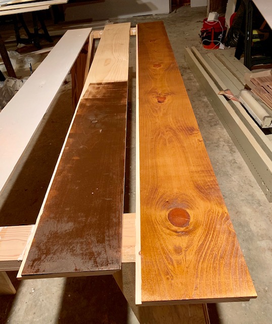 Staining boards for a DIY shiplap ceiling