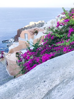 European travel destinations Santorini cliffs with flowers