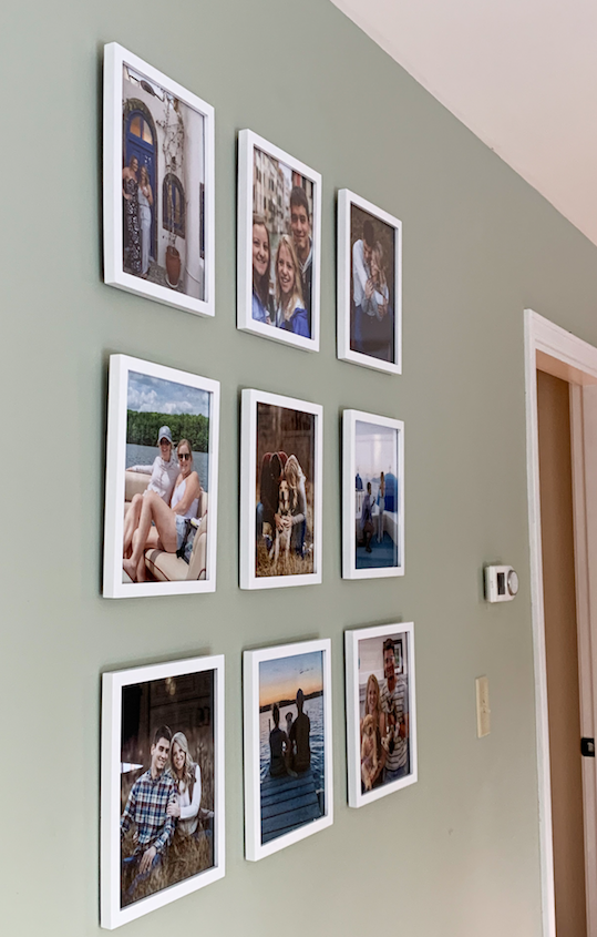 Side view of picture frames hung on a wall