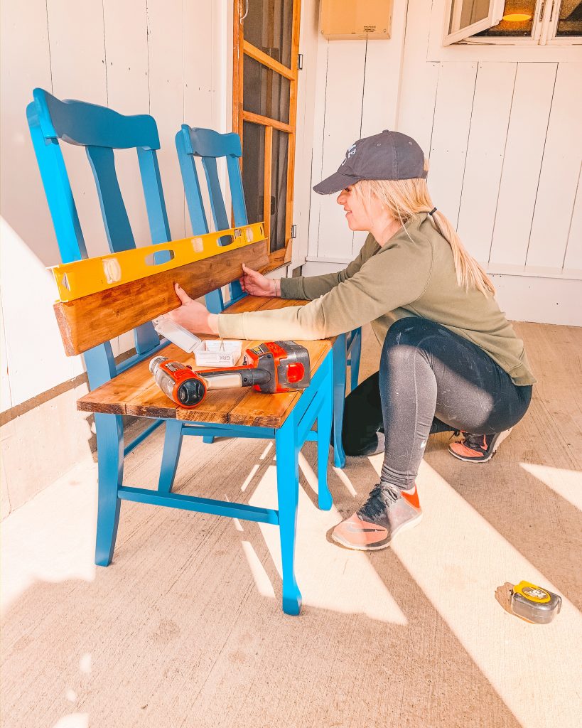 assembling the upcycled bench