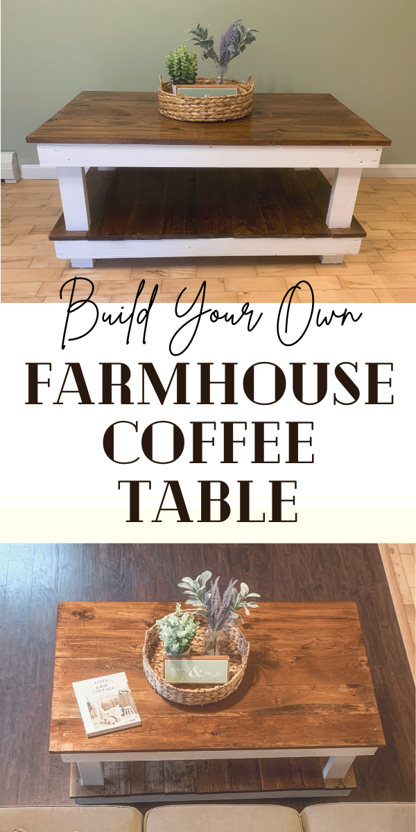 I have been loving the farmhouse style home decor and decided that we could really use a coffee table in our living room. After some online research, the farmhouse rustic style coffee tables and they looked so easy to make! I built this coffee table for under $50 with just some lumber, screws, a saw and some paint. Keep reading for the full tutorial.